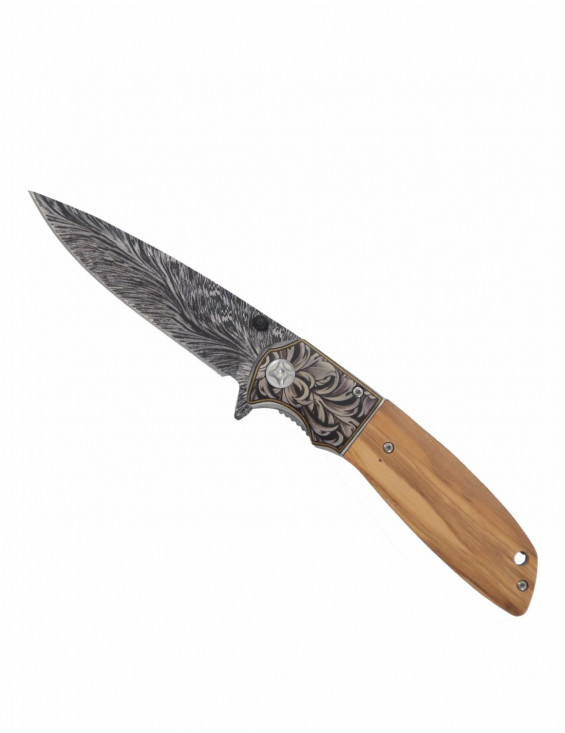 COUTEAU BOIS D'OLIVIER LAME GRAVEE 10CM