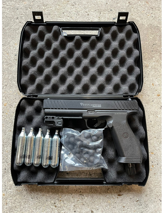 Pistolet de défense Vesta calibre .50 — Pack mallette (5 cartouches gaz + 50 billes)