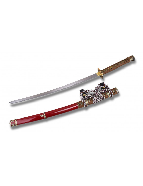 Tachi Japonais Rouge Pailleté – Sabre de Cérémonie avec Ornements Dorés et Saya Brillant