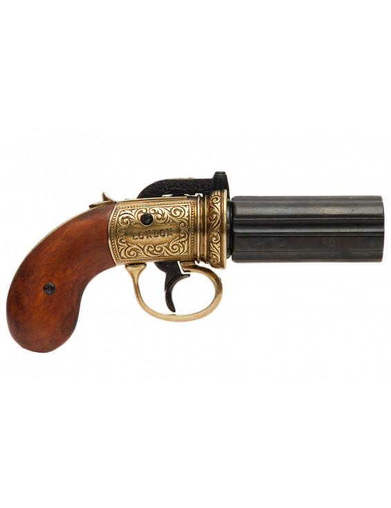 PISTOLET ANGLAIS 1840 6 CANONS NOIR ET OR