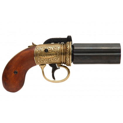 PISTOLET ANGLAIS 1840 6 CANONS NOIR ET OR